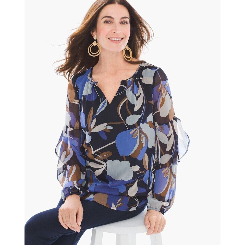 Chico's Blue Floral Print Flowy Sheer Long Sleeve Boho Peasant Top Womans Size S
